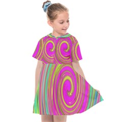 Groovy Abstract Pink, Turquoise And Yellow Swirl Kids  Sailor Dress by myrubiogarden