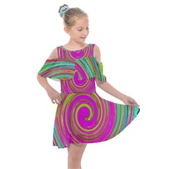 Groovy Abstract Pink, Turquoise And Yellow Swirl Kids  Shoulder Cutout Chiffon Dress by myrubiogarden