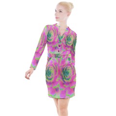 Lime Green And Pink Succulent Sedum Rosette Button Long Sleeve Dress by myrubiogarden