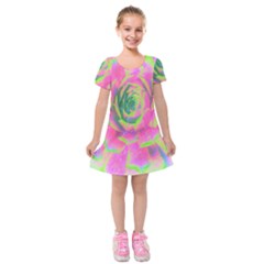 Lime Green And Pink Succulent Sedum Rosette Kids  Short Sleeve Velvet Dress by myrubiogarden