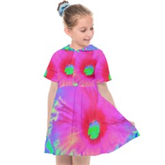 Psychedelic Pink And Red Hibiscus Flower Kids  Sailor Dress by myrubiogarden