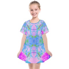 Pink And Purple Dahlia On Blue Pattern Kids  Smock Dress by myrubiogarden