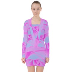 Perfect Hot Pink And Light Blue Rose Detail V-neck Bodycon Long Sleeve Dress by myrubiogarden