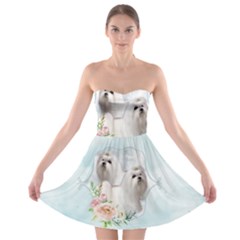 Cute Little Maltese With Flowers Strapless Bra Top Dress by FantasyWorld7