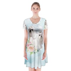 Cute Little Maltese With Flowers Short Sleeve V-neck Flare Dress by FantasyWorld7