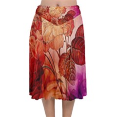 Flower Power, Colorful Floral Design Velvet Flared Midi Skirt by FantasyWorld7