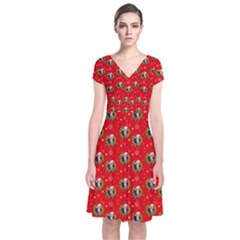 Trump Wrait Pattern Make Christmas Great Again Maga Funny Red Gift With Snowflakes And Trump Face Smiling Short Sleeve Front Wrap Dress by snek