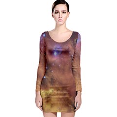 Cosmic Astronomy Sky With Stars Orange Brown And Yellow Long Sleeve Bodycon Dress by genx