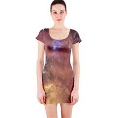 Cosmic Astronomy Sky With Stars Orange Brown And Yellow Short Sleeve Bodycon Dress by genx