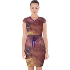 Cosmic Astronomy Sky With Stars Orange Brown And Yellow Capsleeve Drawstring Dress  by genx