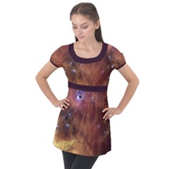 Cosmic Astronomy Sky With Stars Orange Brown And Yellow Puff Sleeve Tunic Top by genx