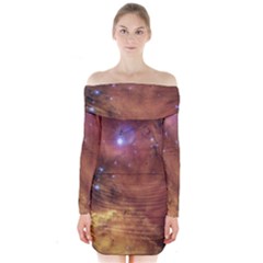 Cosmic Astronomy Sky With Stars Orange Brown And Yellow Long Sleeve Off Shoulder Dress by genx