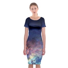 Lagoon Nebula Interstellar Cloud Pastel Pink, Turquoise And Yellow Stars Classic Short Sleeve Midi Dress by genx