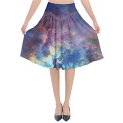 Lagoon Nebula Interstellar Cloud Pastel Pink, Turquoise And Yellow Stars Flared Midi Skirt by genx