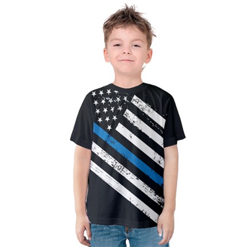 Usa Flag The Thin Blue Line I Back The Blue Usa Flag Grunge On Black Background Kids  Cotton Tee by snek