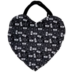 Tape Cassette 80s Retro Genx Pattern Black And White Giant Heart Shaped Tote by genx