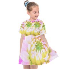 Pretty Pink, White And Yellow Cactus Dahlia Macro Kids  Sailor Dress by myrubiogarden