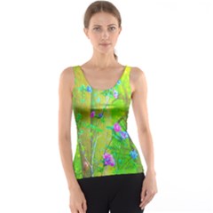 Hot Pink Abstract Rose Of Sharon On Bright Yellow Tank Top by myrubiogarden