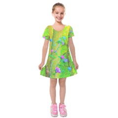 Hot Pink Abstract Rose Of Sharon On Bright Yellow Kids  Short Sleeve Velvet Dress by myrubiogarden