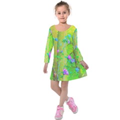 Hot Pink Abstract Rose Of Sharon On Bright Yellow Kids  Long Sleeve Velvet Dress by myrubiogarden