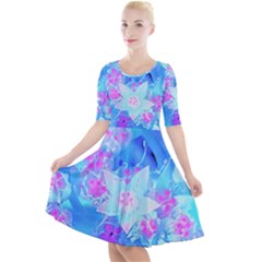 Blue And Hot Pink Succulent Underwater Sedum Quarter Sleeve A-line Dress by myrubiogarden