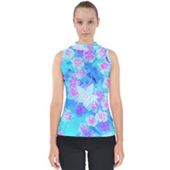 Blue And Hot Pink Succulent Underwater Sedum Mock Neck Shell Top by myrubiogarden