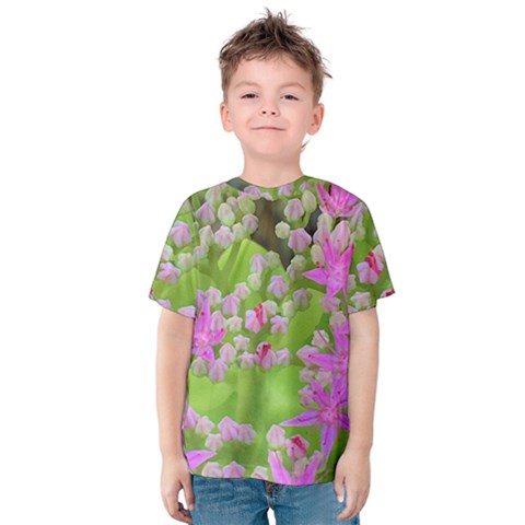 Hot Pink Succulent Sedum With Fleshy Green Leaves Kids  Cotton Tee by myrubiogarden