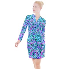 Blue And Hot Pink Succulent Sedum Flowers Detail Button Long Sleeve Dress by myrubiogarden