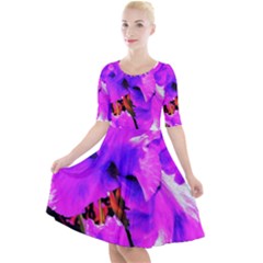 Abstract Ultra Violet Purple Iris On Red And Pink Quarter Sleeve A-line Dress by myrubiogarden