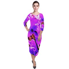 Abstract Ultra Violet Purple Iris On Red And Pink Quarter Sleeve Midi Velour Bodycon Dress by myrubiogarden