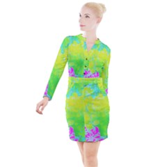 Fluorescent Yellow And Pink Abstract Garden Foliage Button Long Sleeve Dress by myrubiogarden