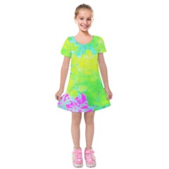 Fluorescent Yellow And Pink Abstract Garden Foliage Kids  Short Sleeve Velvet Dress by myrubiogarden