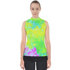 Fluorescent Yellow And Pink Abstract Garden Foliage Mock Neck Shell Top by myrubiogarden