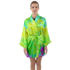 Fluorescent Yellow And Pink Abstract Garden Foliage Long Sleeve Kimono Robe by myrubiogarden