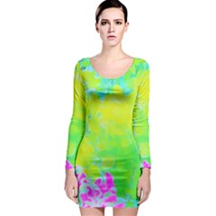 Fluorescent Yellow And Pink Abstract Garden Foliage Long Sleeve Bodycon Dress by myrubiogarden