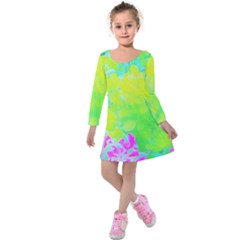 Fluorescent Yellow And Pink Abstract Garden Foliage Kids  Long Sleeve Velvet Dress by myrubiogarden