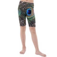 Peacock Tail Feathers Kids  Mid Length Swim Shorts by Wegoenart