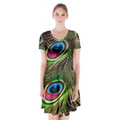 Peacock Feathers Feather Color Short Sleeve V-neck Flare Dress by Wegoenart