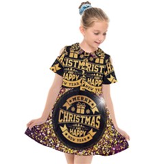 Christmas Golden Labels Xmas Kids  Short Sleeve Shirt Dress by Simbadda