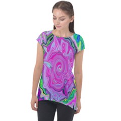 Groovy Pink, Blue And Green Abstract Liquid Art Cap Sleeve High Low Top by myrubiogarden