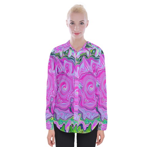 Groovy Pink, Blue And Green Abstract Liquid Art Womens Long Sleeve Shirt by myrubiogarden