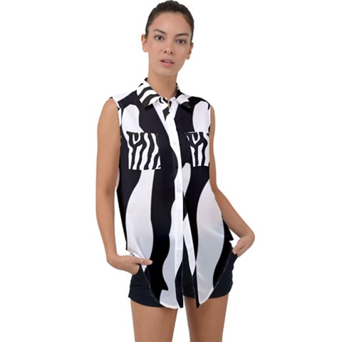 Zebra Horse Pattern Black And White Sleeveless Chiffon Button Shirt by picsaspassion