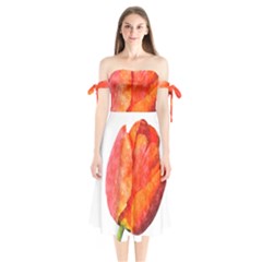 Red Tulip, Watercolor Art Shoulder Tie Bardot Midi Dress by picsaspassion