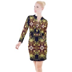 Fractal Yellow Gold Decorative Button Long Sleeve Dress by Wegoenart