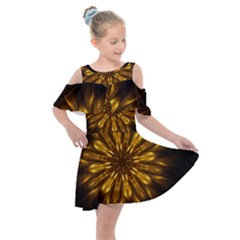 Mandala Gold Golden Fractal Kids  Shoulder Cutout Chiffon Dress by Wegoenart