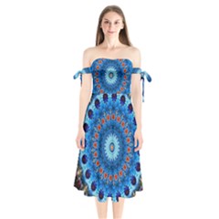 Rose Kaleidoscope Art Pattern Shoulder Tie Bardot Midi Dress by Wegoenart