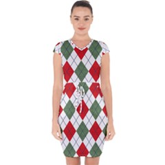 Red Green White Argyle Navy Capsleeve Drawstring Dress  by Wegoenart