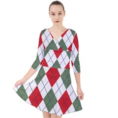 Red Green White Argyle Navy Quarter Sleeve Front Wrap Dress by Wegoenart