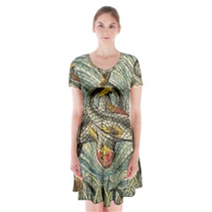 Fish Underwater Cubism Mosaic Short Sleeve V-neck Flare Dress by Wegoenart