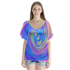 Cool Abstract Pink Blue And Yellow Twirl Liquid Art V-neck Flutter Sleeve Top by myrubiogarden